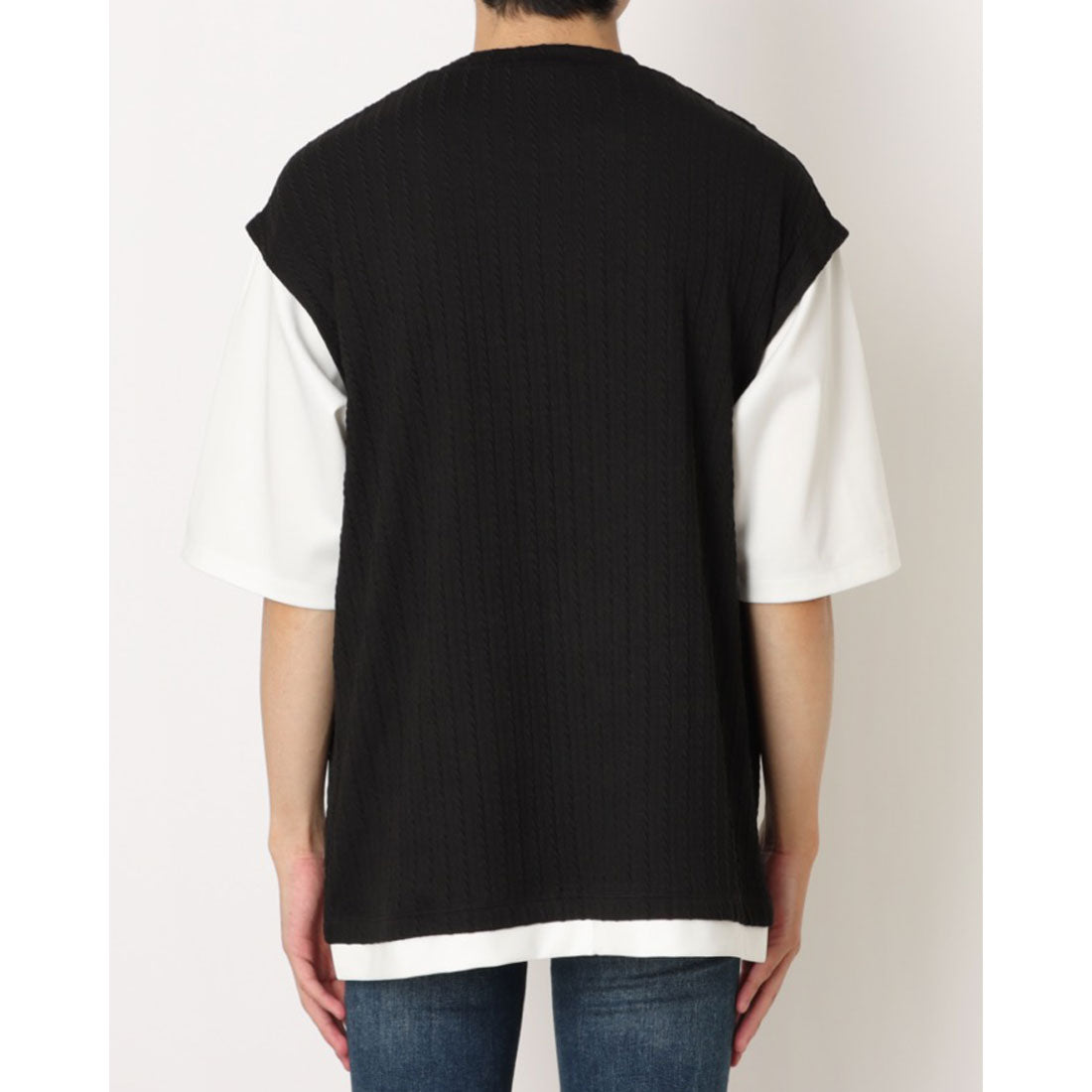 コムサイズム COMME CA ISM ケーブル柄 ベスト フェイクレイヤードTシャツ （ブラック） ブラック