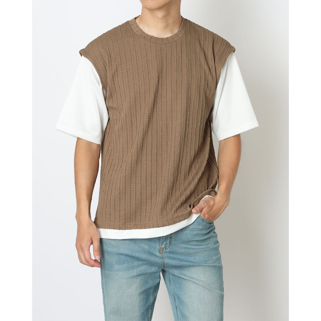 コムサイズム COMME CA ISM ケーブル柄 ベスト フェイクレイヤードTシャツ （ブラウン） ブラウン