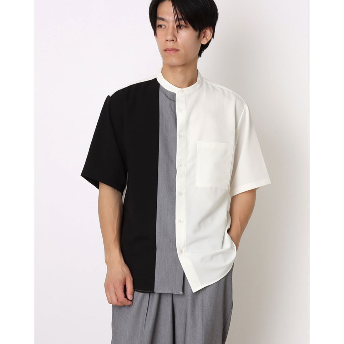 コムサイズム COMME CA ISM ウールライク バンドカラーブロッキング半袖シャツ （ブラック） ブラック