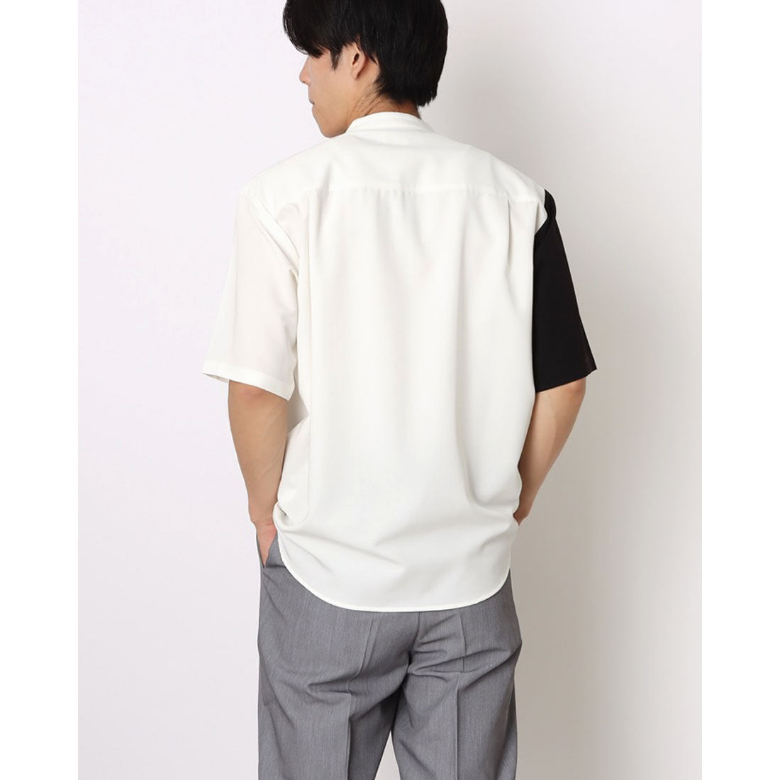 コムサイズム COMME CA ISM ウールライク バンドカラーブロッキング半袖シャツ （ブラック） ブラック