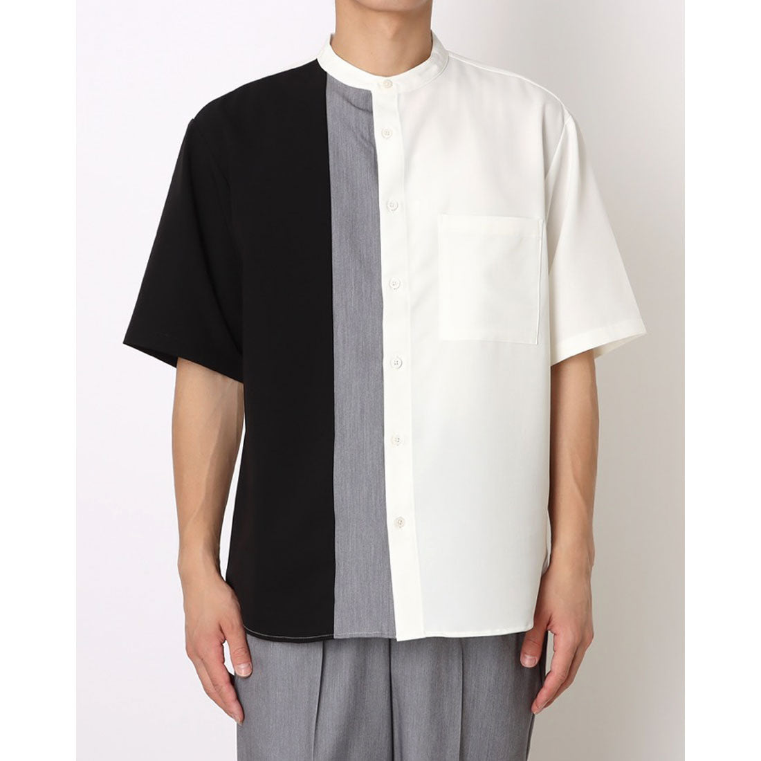 コムサイズム COMME CA ISM ウールライク バンドカラーブロッキング半袖シャツ （ブラック） ブラック