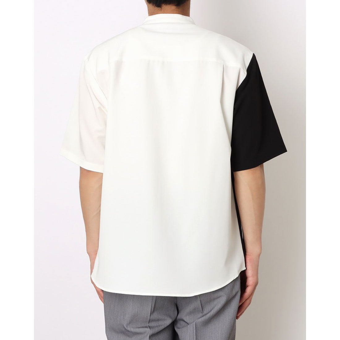 コムサイズム COMME CA ISM ウールライク バンドカラーブロッキング半袖シャツ （ブラック） ブラック