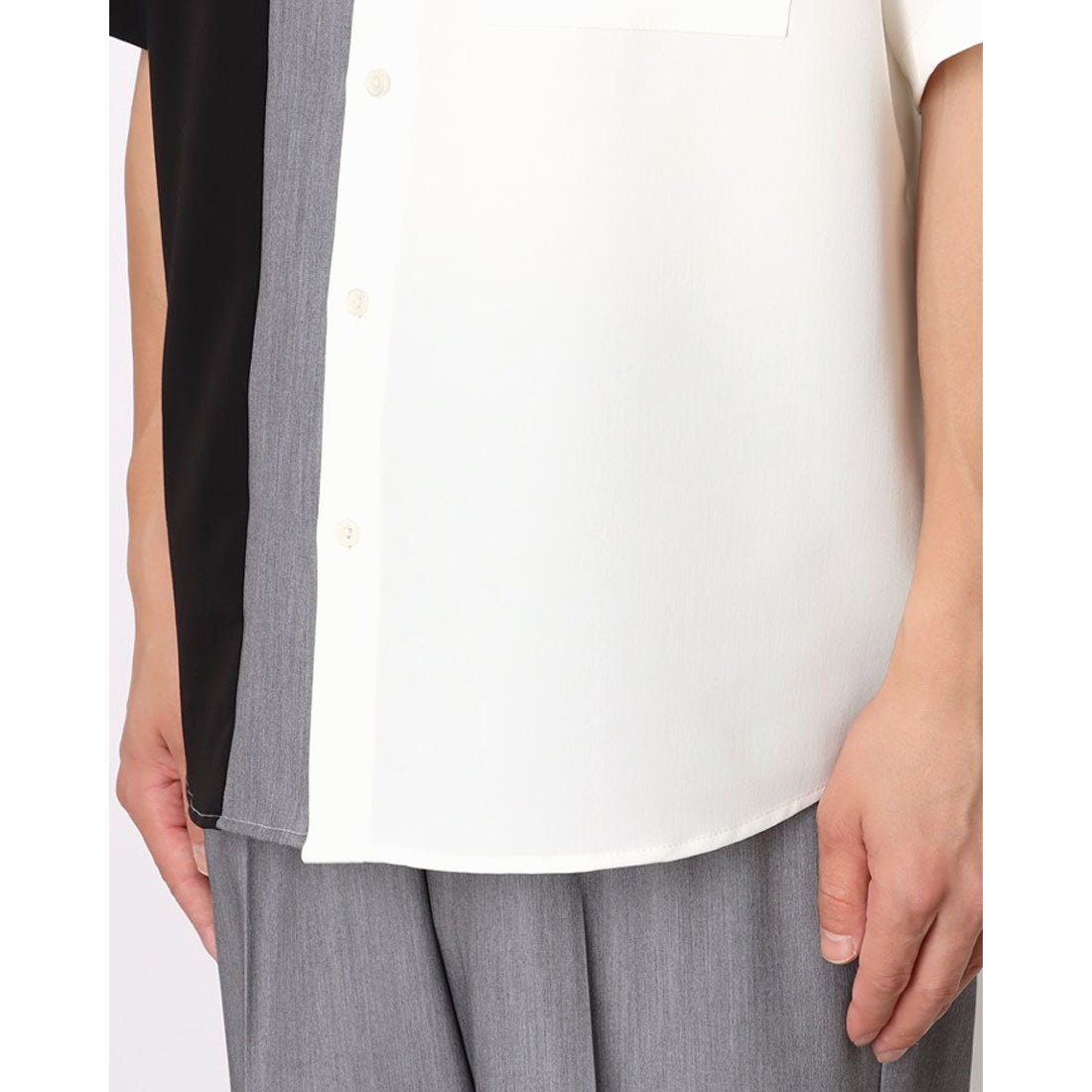 コムサイズム COMME CA ISM ウールライク バンドカラーブロッキング半袖シャツ （ブラック） ブラック