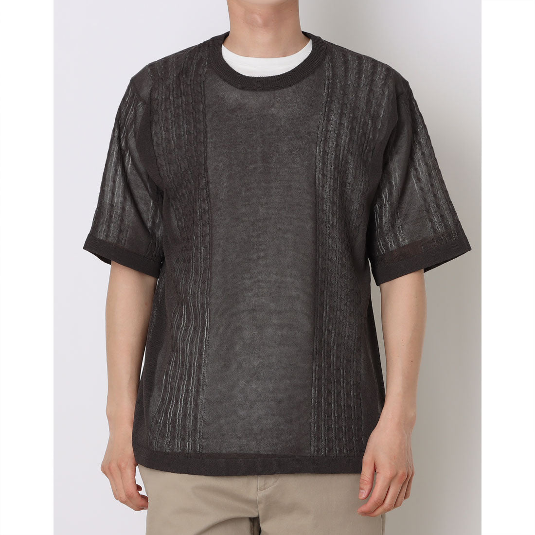 コムサイズム COMME CA ISM [セットアイテム]リネンライクケーブル クルーネックニット＋T/C天竺Tシャツ （チャコール） チャコール