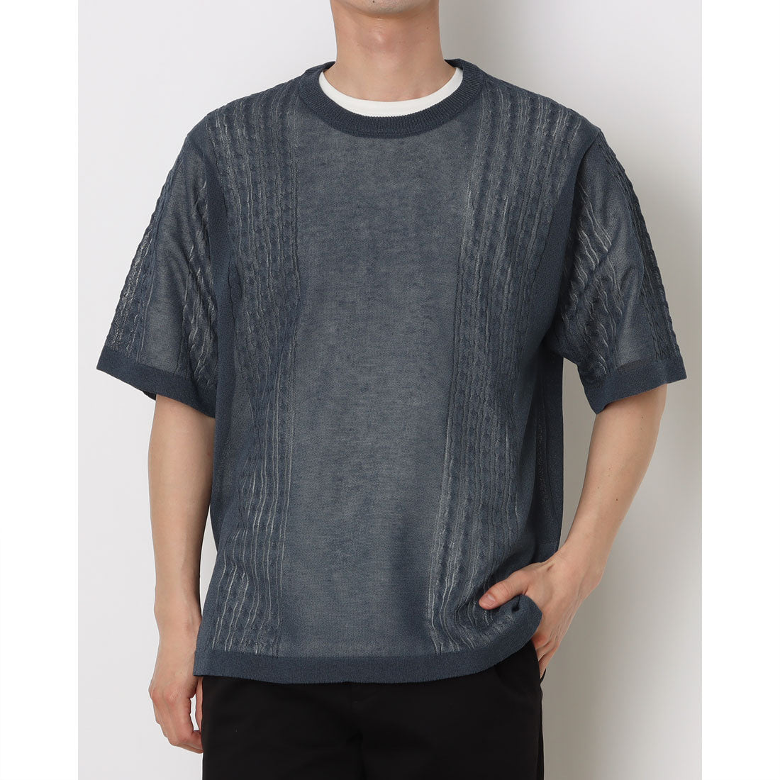 コムサイズム COMME CA ISM [セットアイテム]リネンライクケーブル クルーネックニット＋T/C天竺Tシャツ （ブルー） ブルー