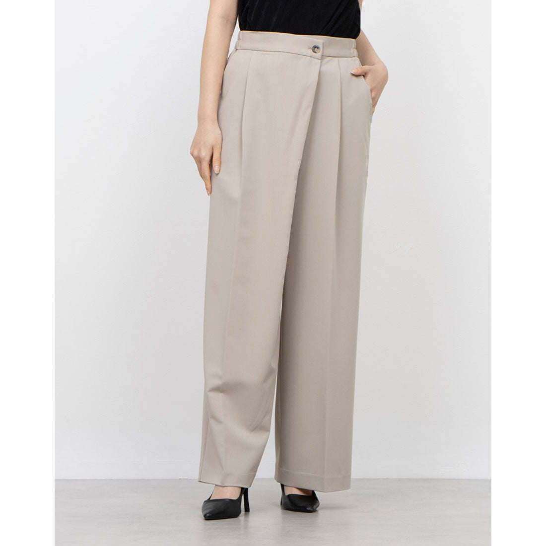 COMME CA ISM Polyester Rayon Stretch Wrap-Style Wide Pants