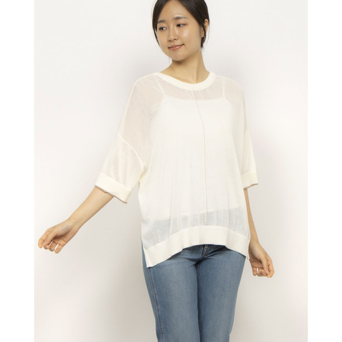 コムサイズム COMME CA ISM 前後2WAY シアー配色ニットT （アイボリー） アイボリー