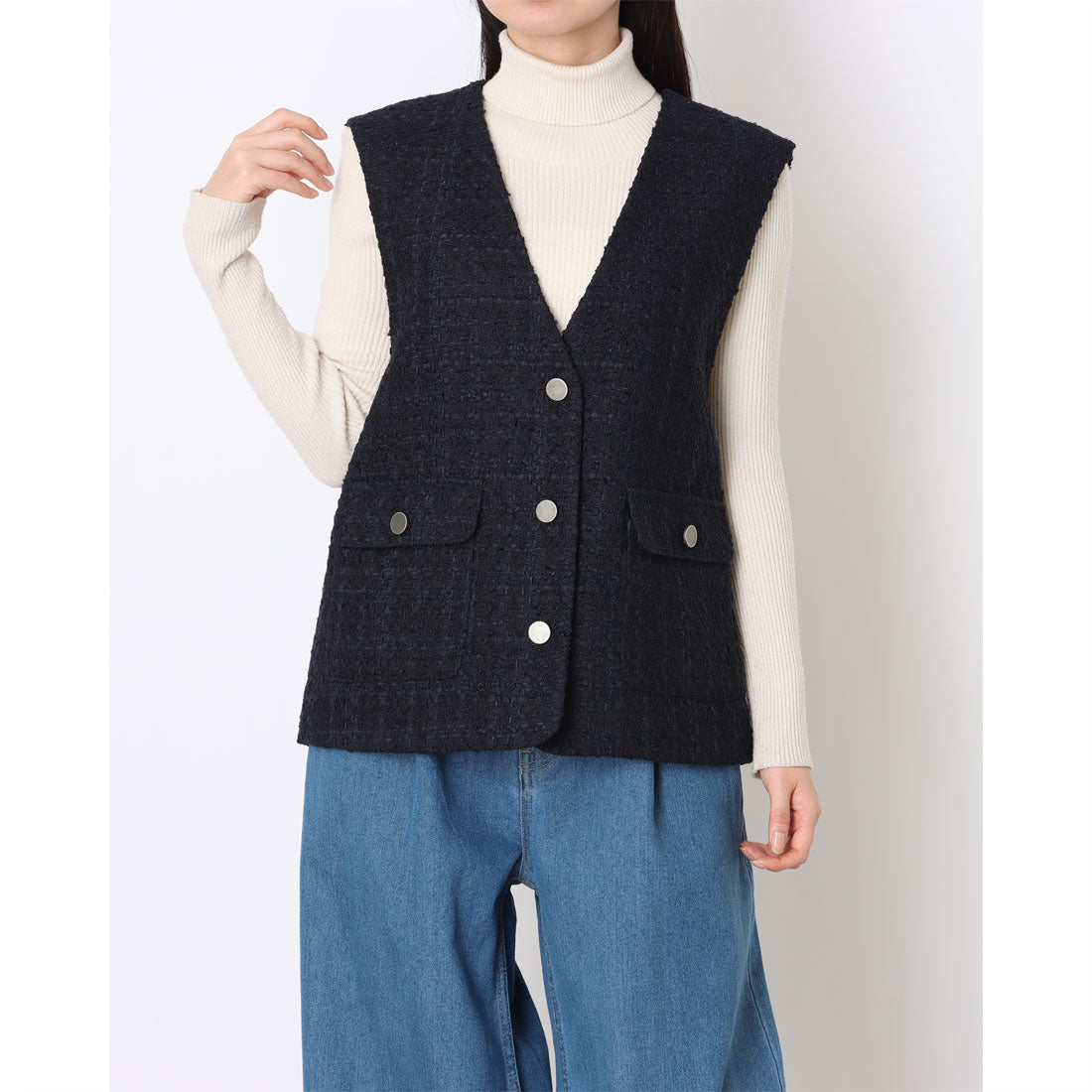 コムサイズム COMME CA ISM ファンシーツイード ロングジレ （ネイビー） ネイビー