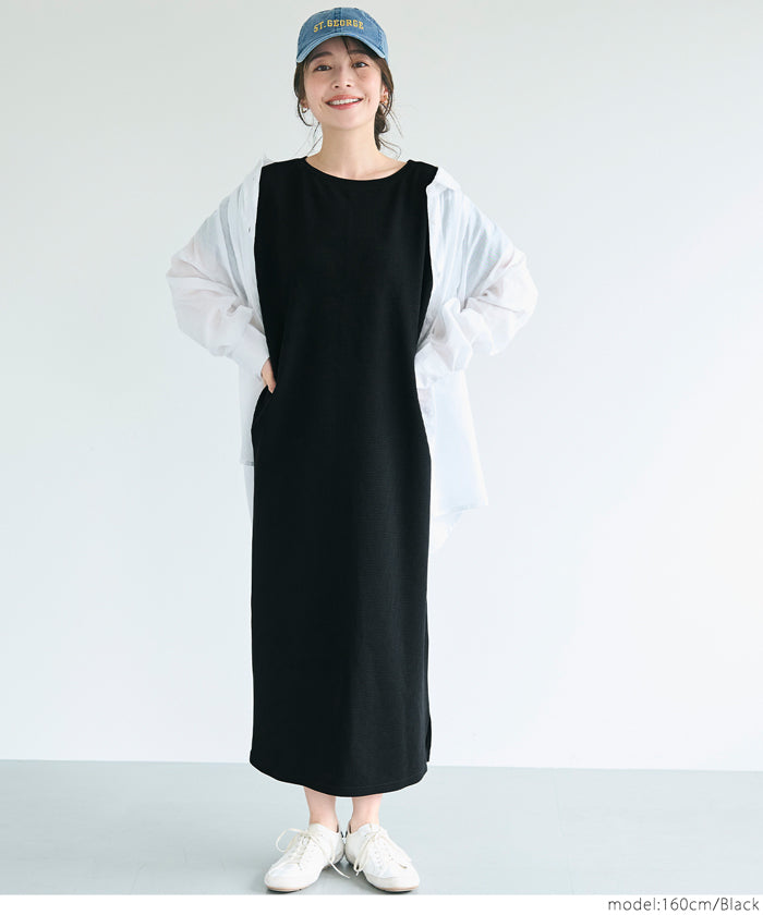 コカ coca エンボス加工ボートネックロングワンピース（Black） Black