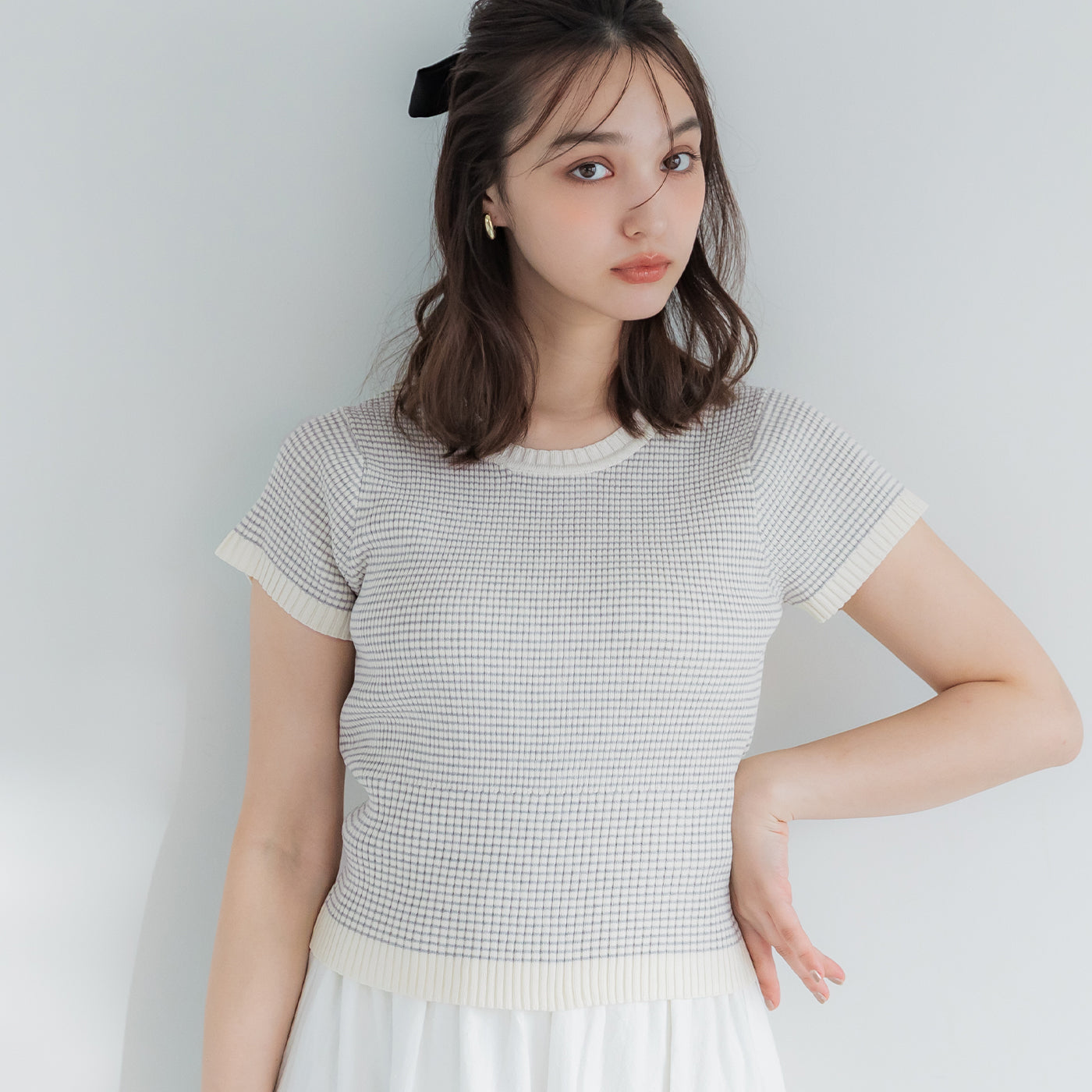 コカ coca ボーダーコンパクトニットトップス （Gray） Gray