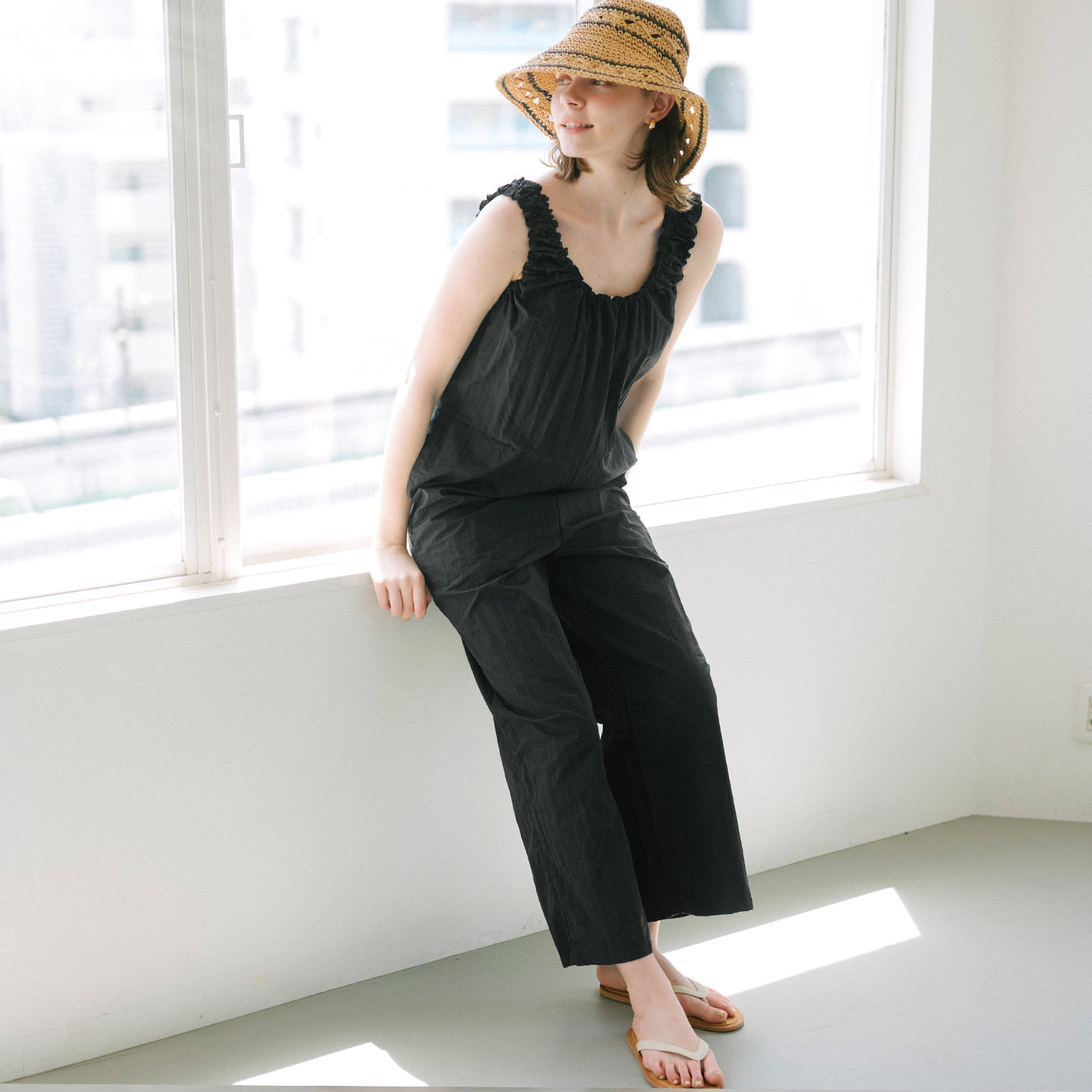 コカ coca ワッシャーナイロン肩ギャザーオールインワン （Black） Black
