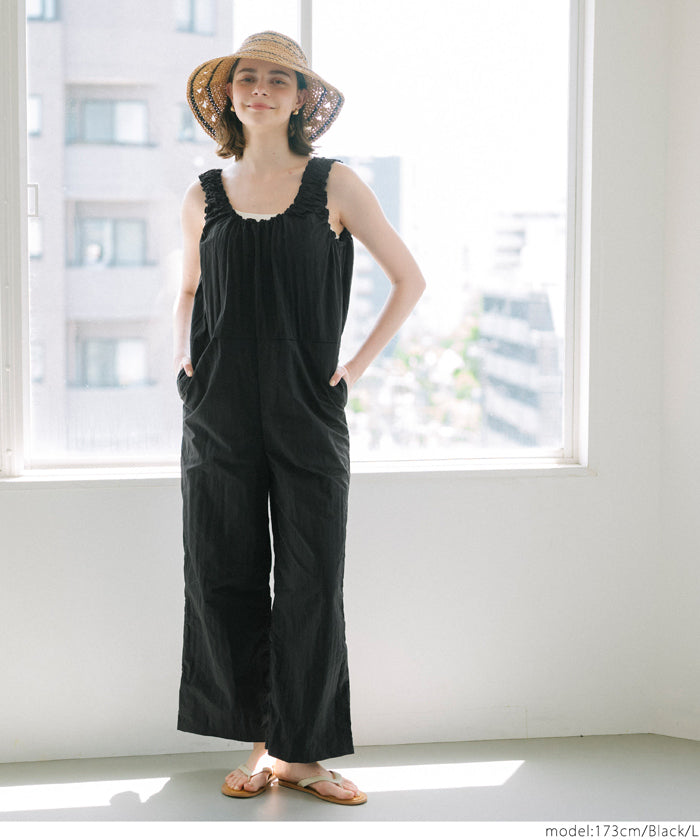 コカ coca ワッシャーナイロン肩ギャザーオールインワン （Black） Black