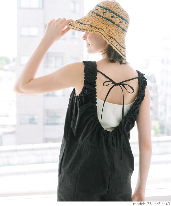 コカ coca ワッシャーナイロン肩ギャザーオールインワン （Black） Black