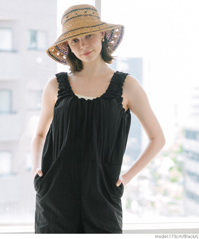 コカ coca ワッシャーナイロン肩ギャザーオールインワン （Black） Black