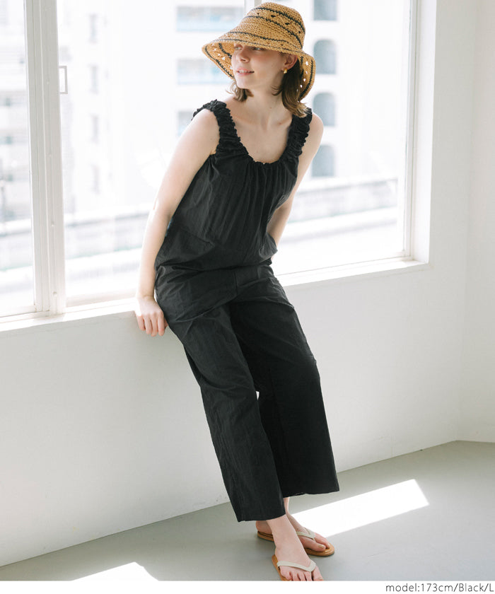 コカ coca ワッシャーナイロン肩ギャザーオールインワン （Black） Black