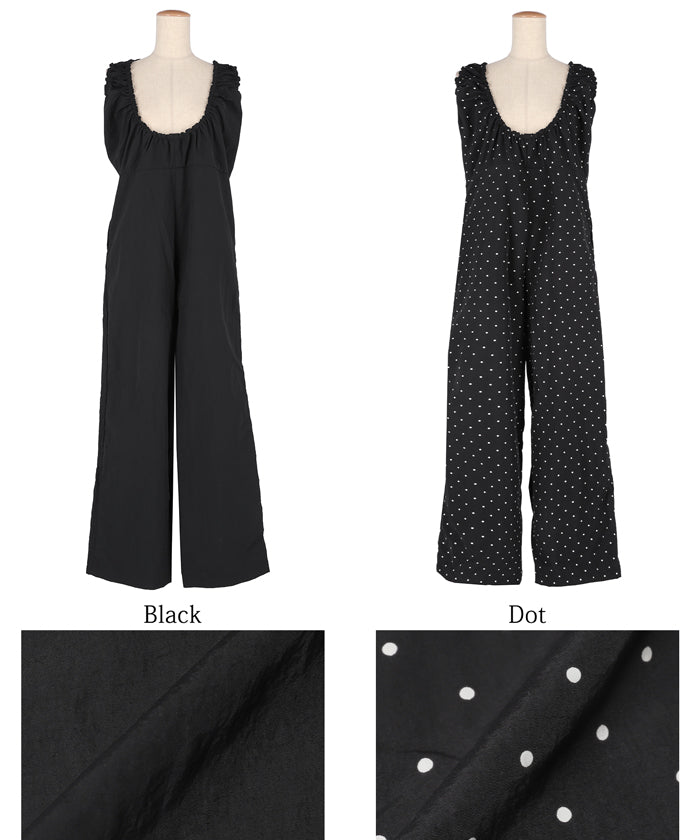 コカ coca ワッシャーナイロン肩ギャザーオールインワン （Black） Black
