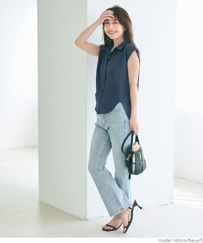 コカ coca シボサテンライクノースリーブラウンドシャツ （Lt.beige） Lt.beige