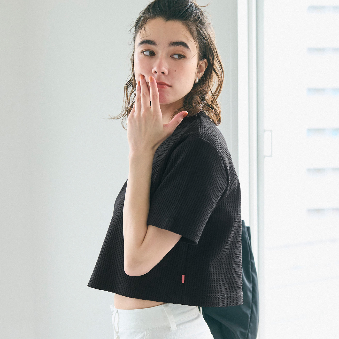 コカ coca ワッフルクロップドTシャツ （Black） Black