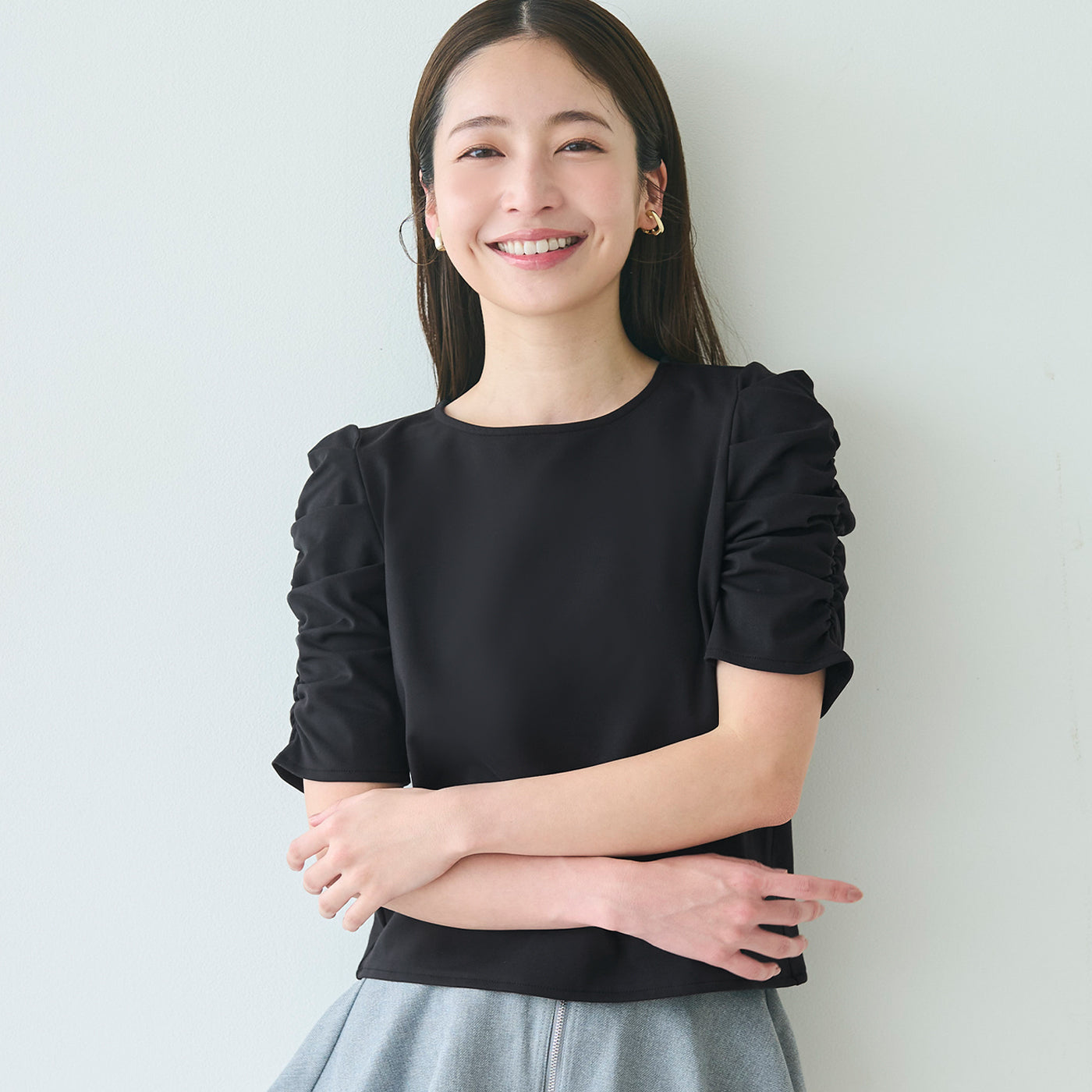 コカ coca シルキータッチ袖ギャザートップス （Black） Black