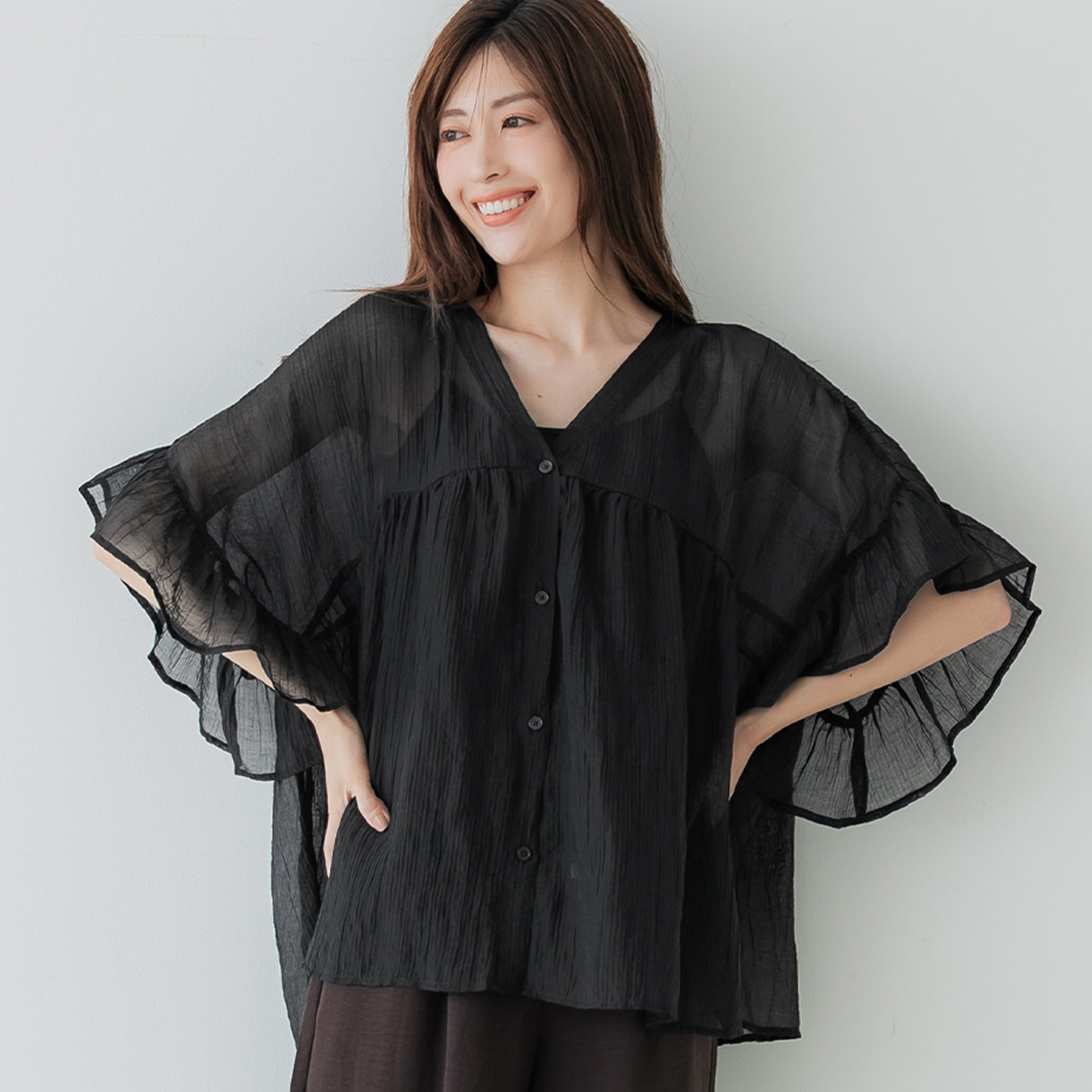 コカ coca 袖フリルシアーブラウス （Black） Black