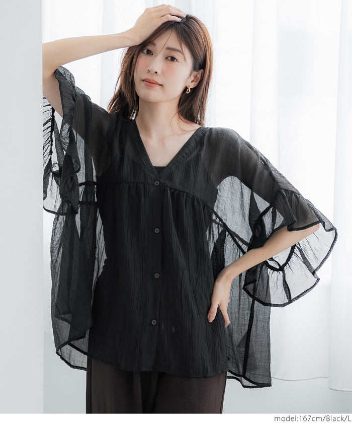 コカ coca 袖フリルシアーブラウス （Black） Black