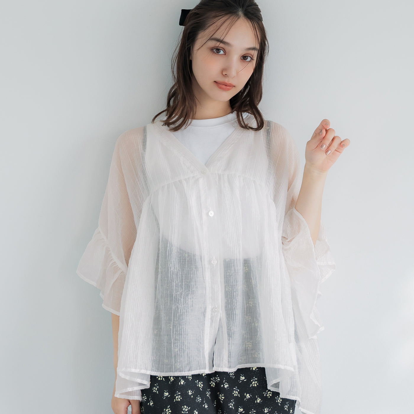 コカ coca 袖フリルシアーブラウス （White） White