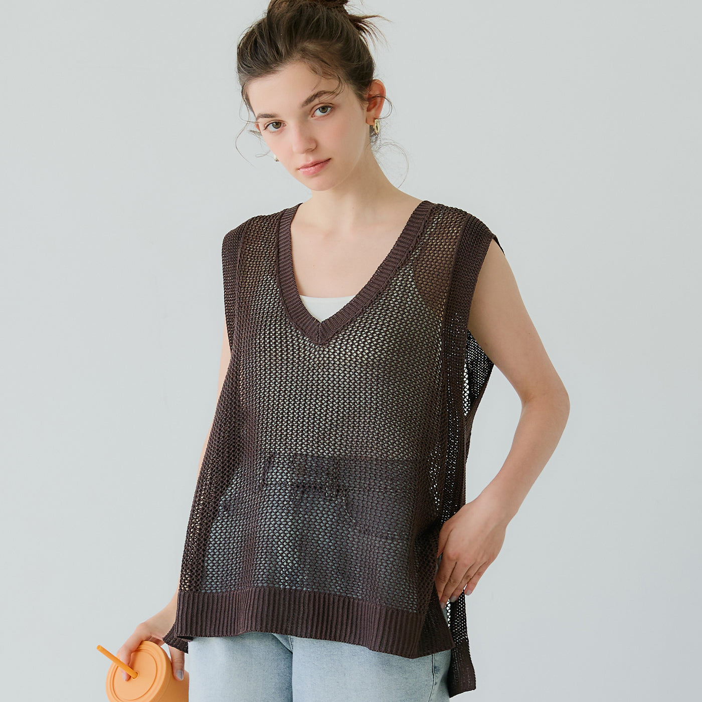 コカ coca メッシュVネックニットトップス （Brown） Brown
