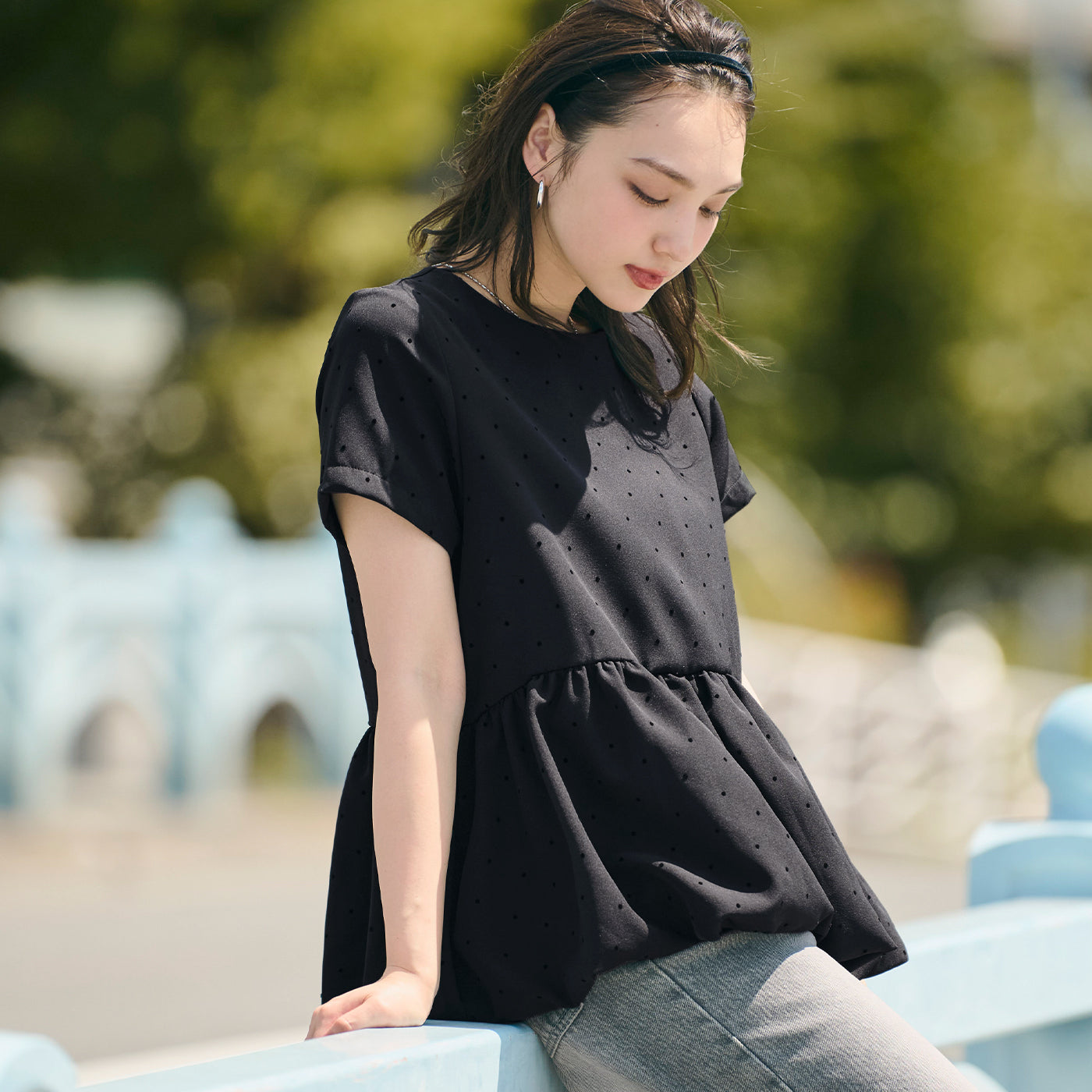 コカ coca フロッキードットバルーンブラウス （Black） Black