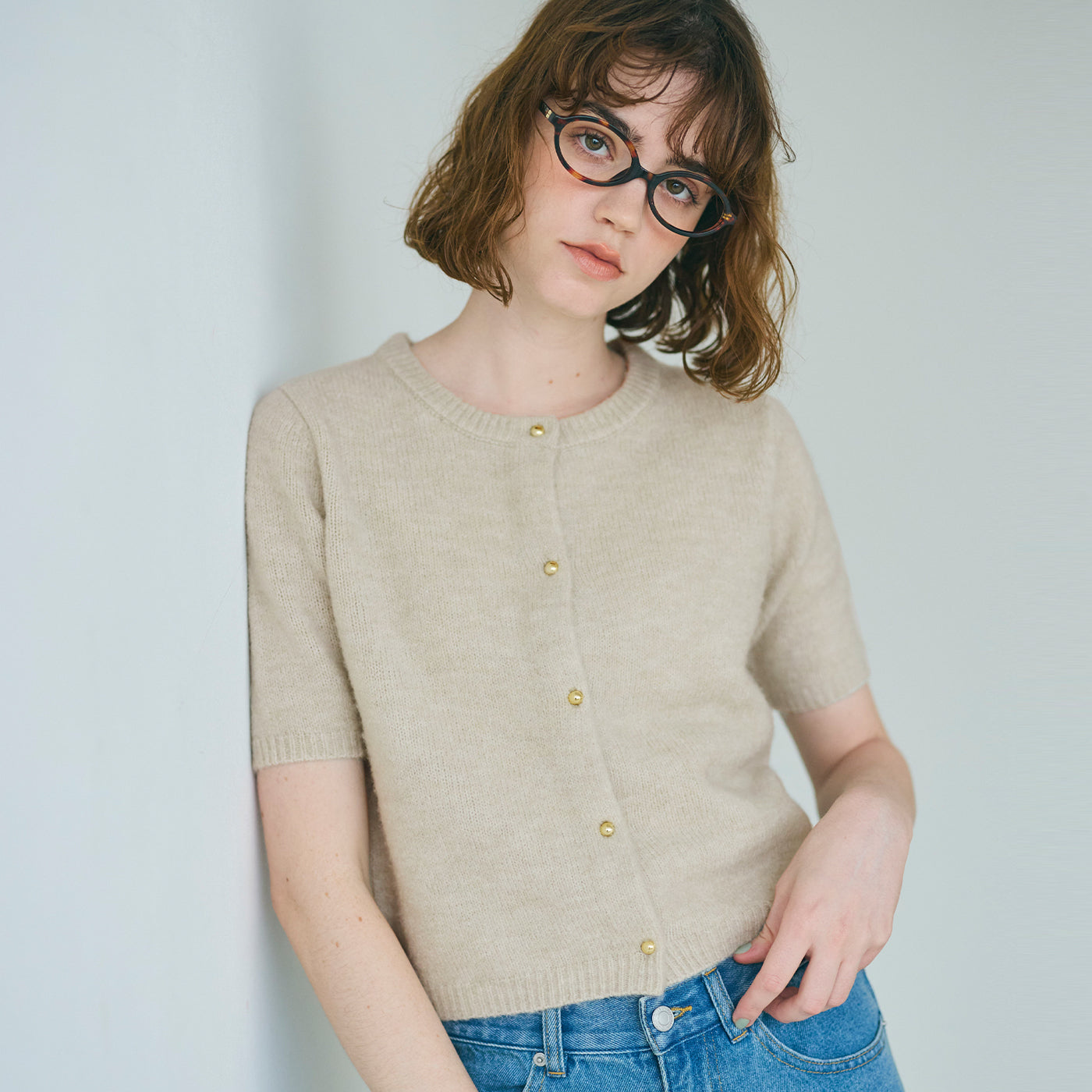 コカ coca ゴールドボタン 半袖ニットカーディガン （Lt.beige） Lt.beige