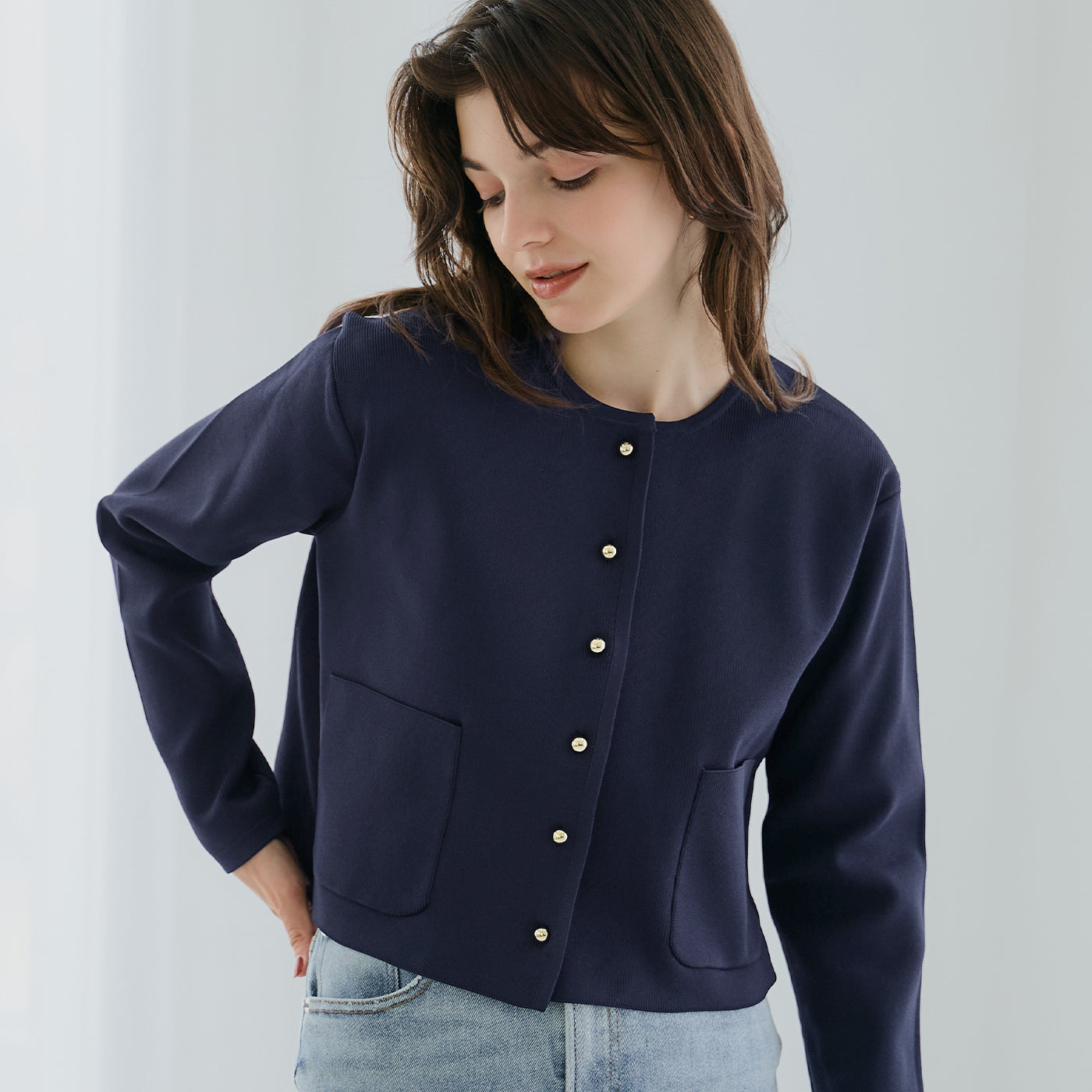 コカ coca ゴールドボタンクルーネックニットカーディガン （Navy） Navy