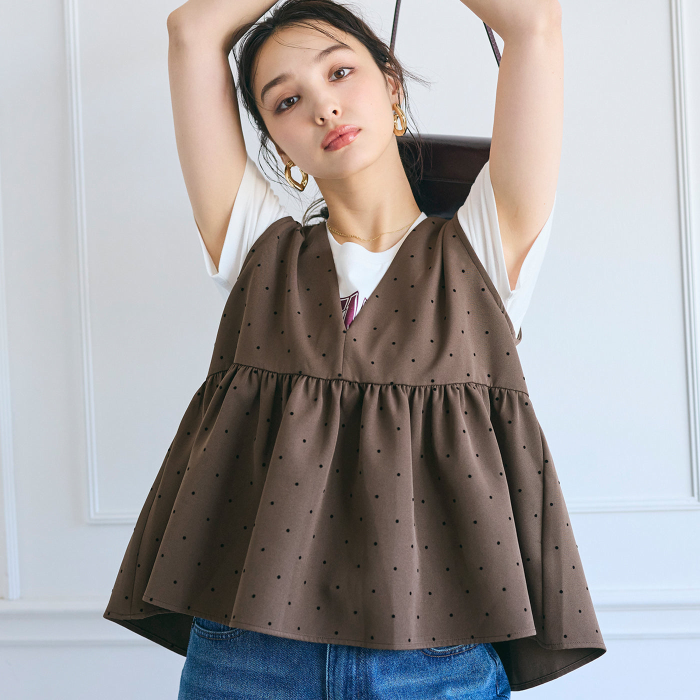 コカ coca フロッキードットペプラムベスト （Brown） Brown