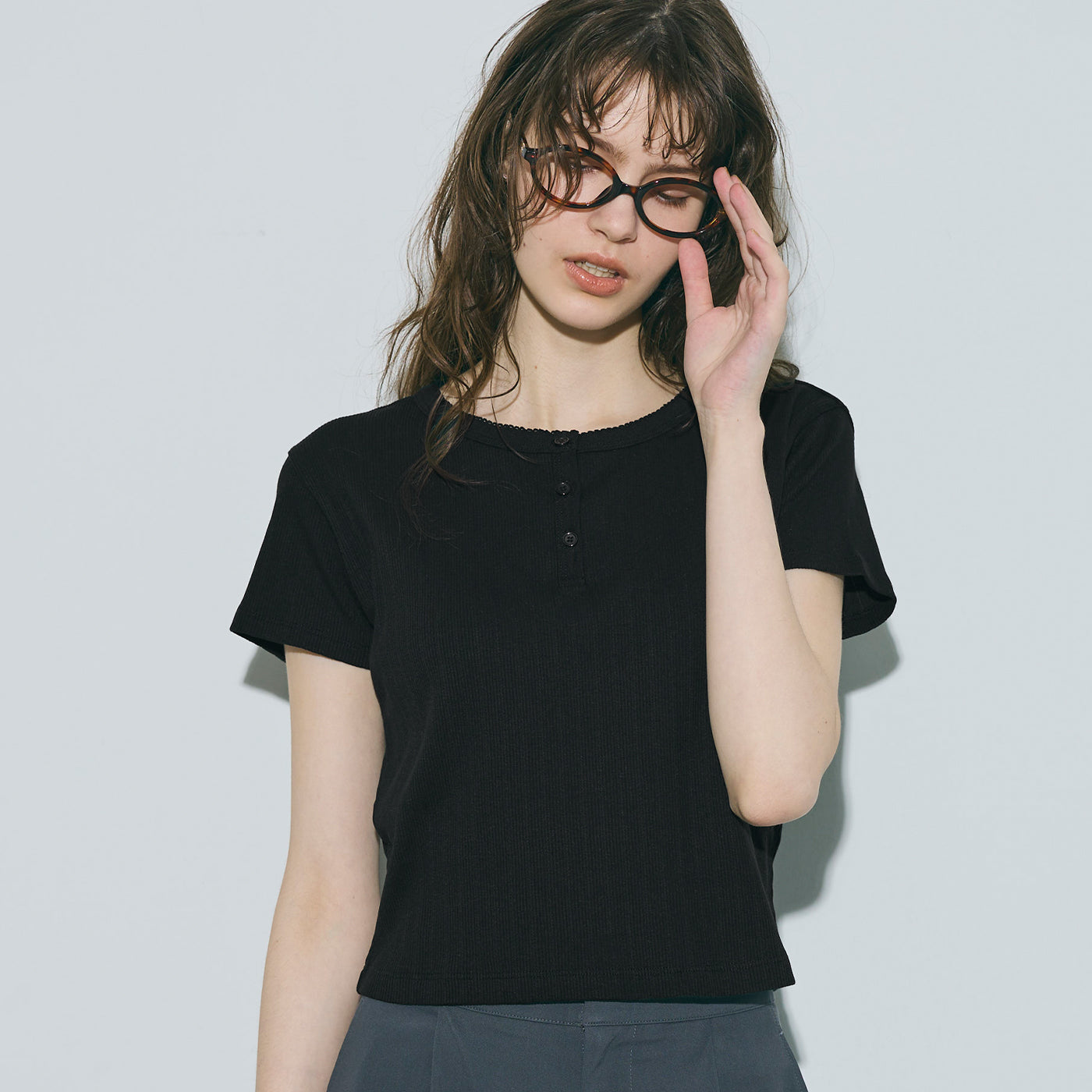 コカ coca リブヘンリーネックTシャツ （Black） Black
