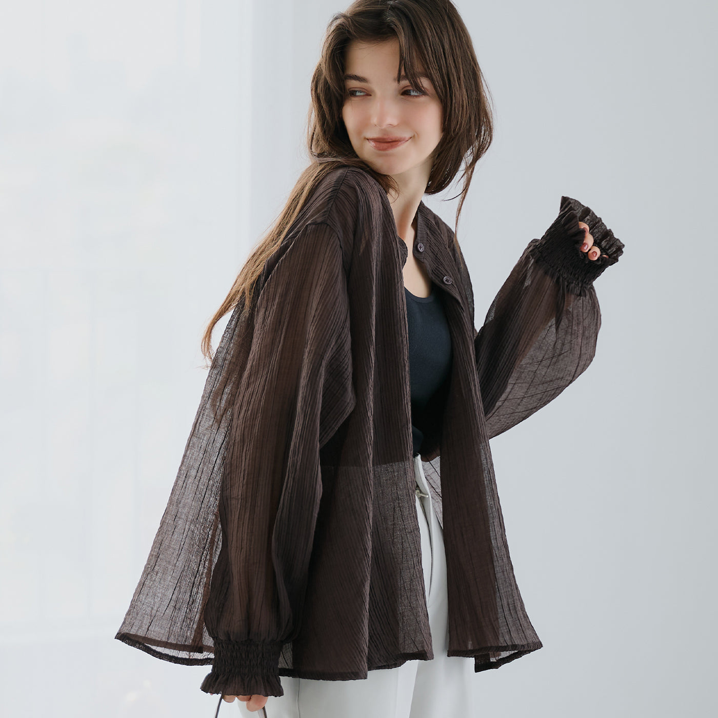 コカ coca シアーギャザーAラインブラウス （Brown） Brown