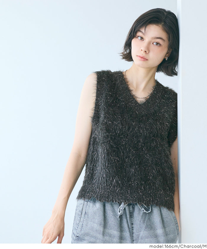コカ coca ラメふんわりシャギーVネックニットベスト （Lt.beige） Lt.beige