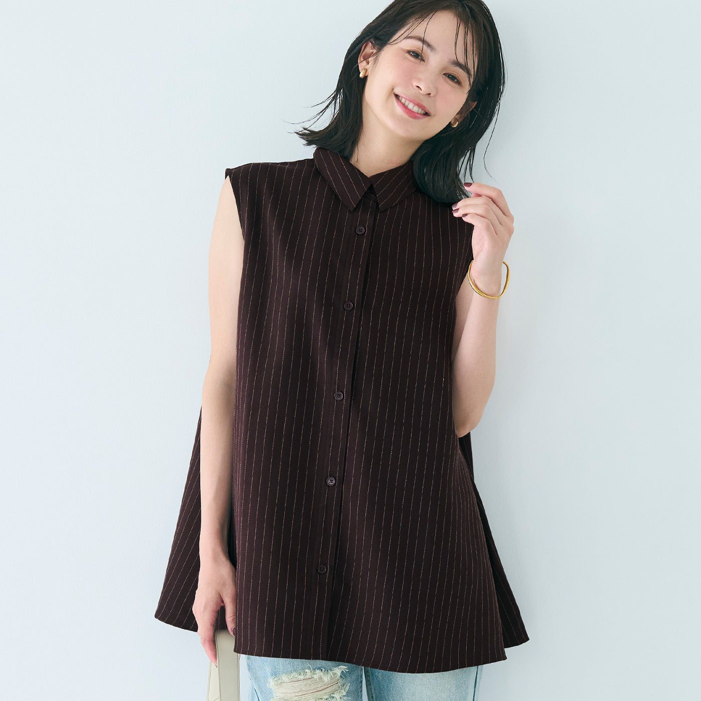 コカ coca ヘリンボーンストライプノースリーブブラウス （Brown） Brown