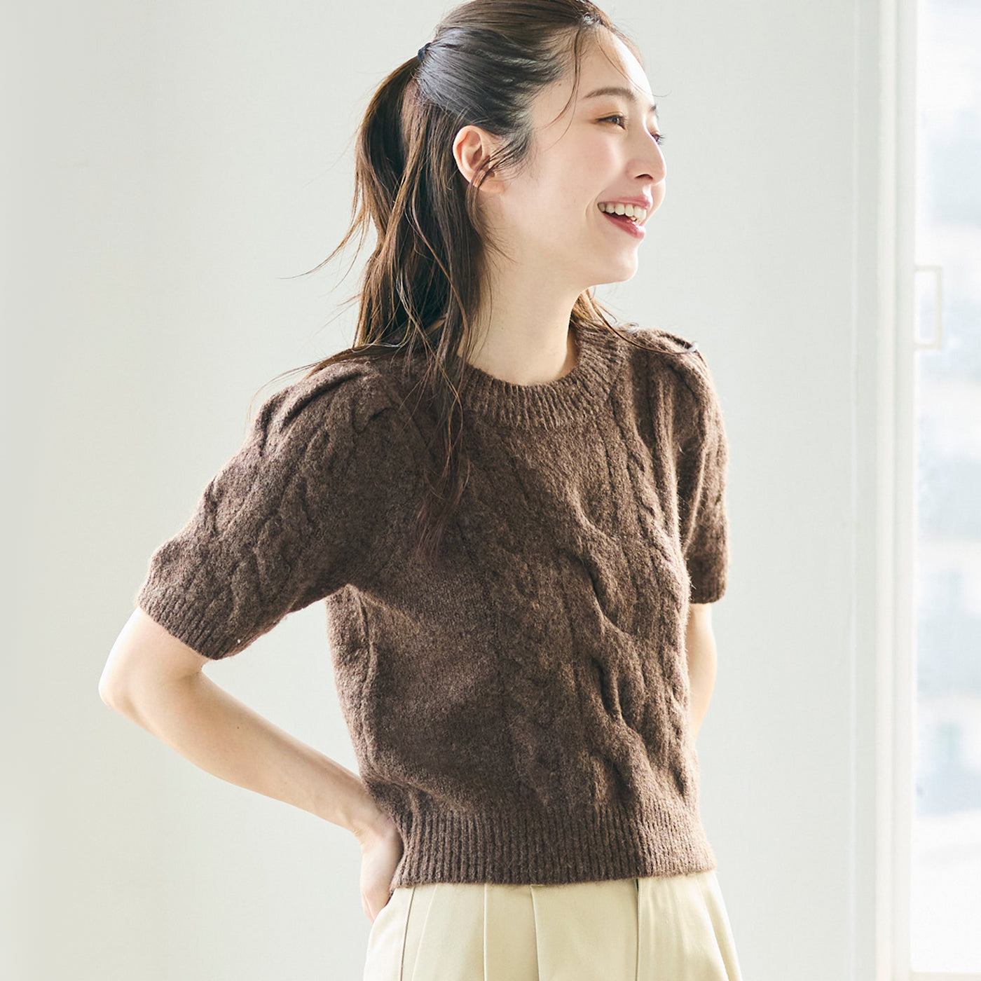 コカ coca ヤク風ケーブル半袖ニット （Brown） Brown