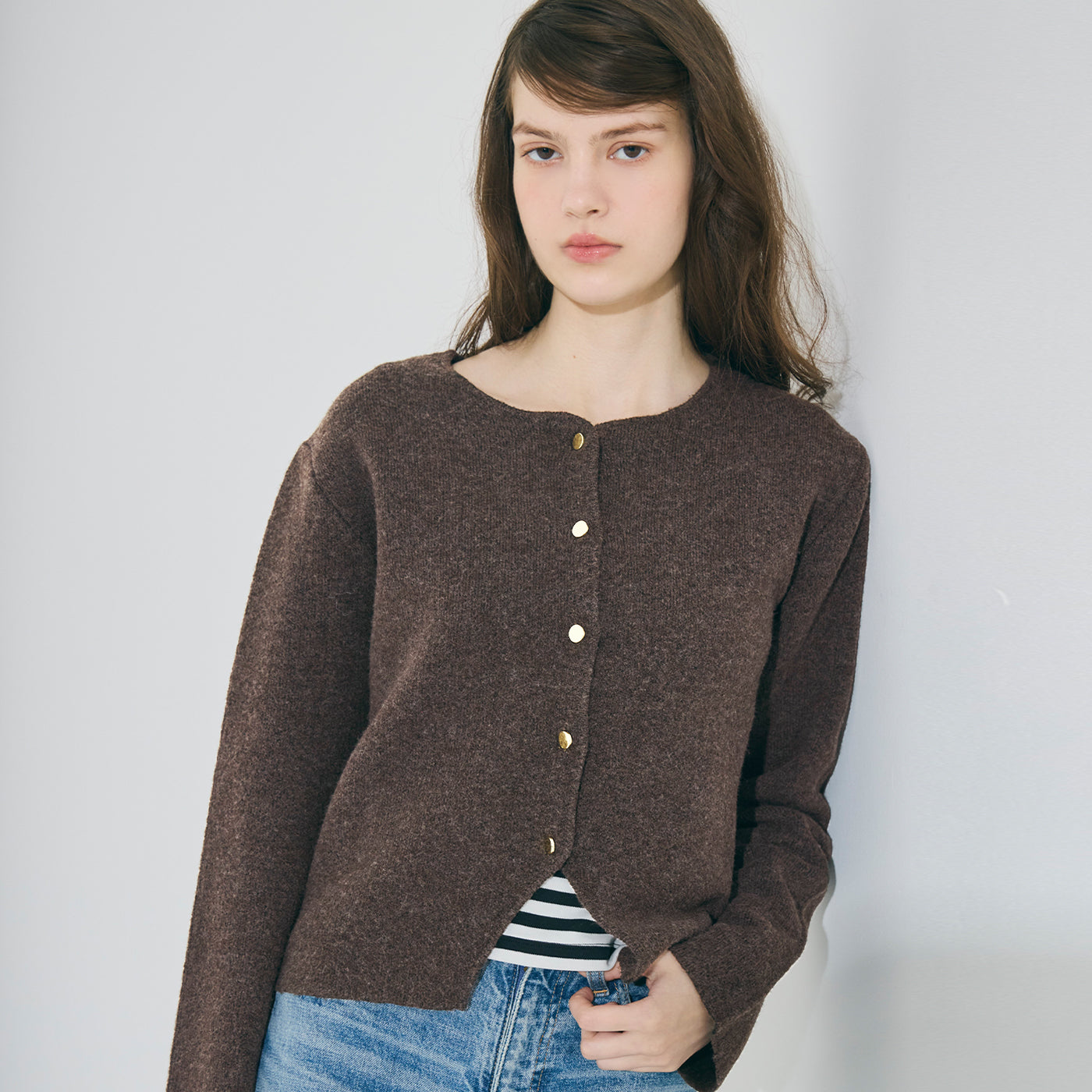 コカ coca 縮絨ニット金釦カーディガン （Brown） Brown