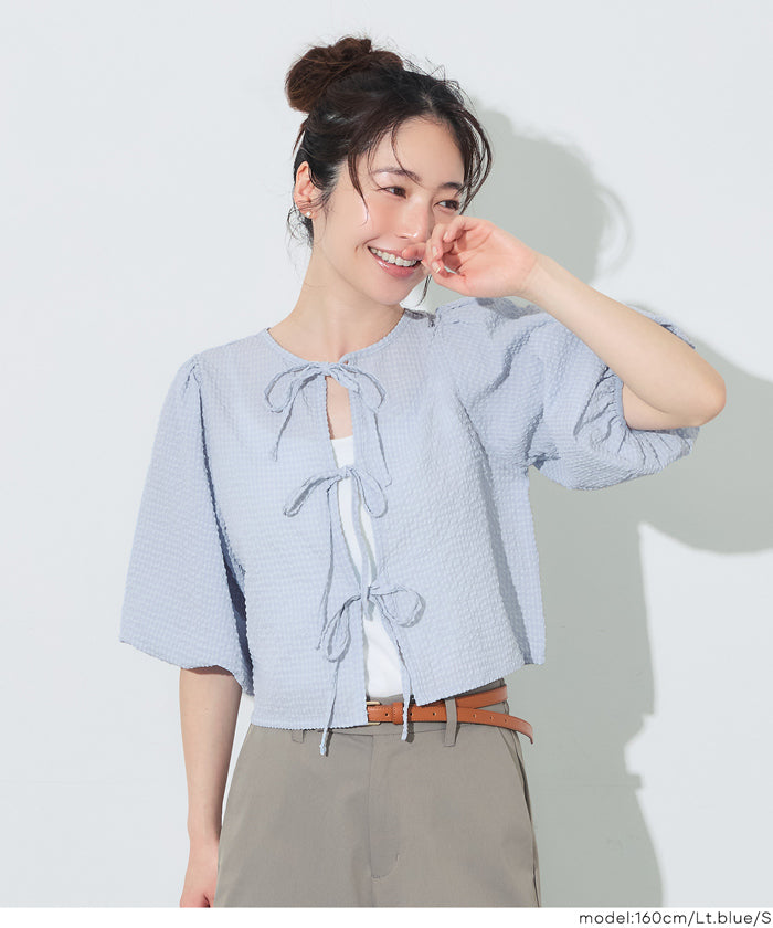コカ coca 2WAYシアサッカーボリュームスリーブブラウス （Lt.blue） Lt.blue
