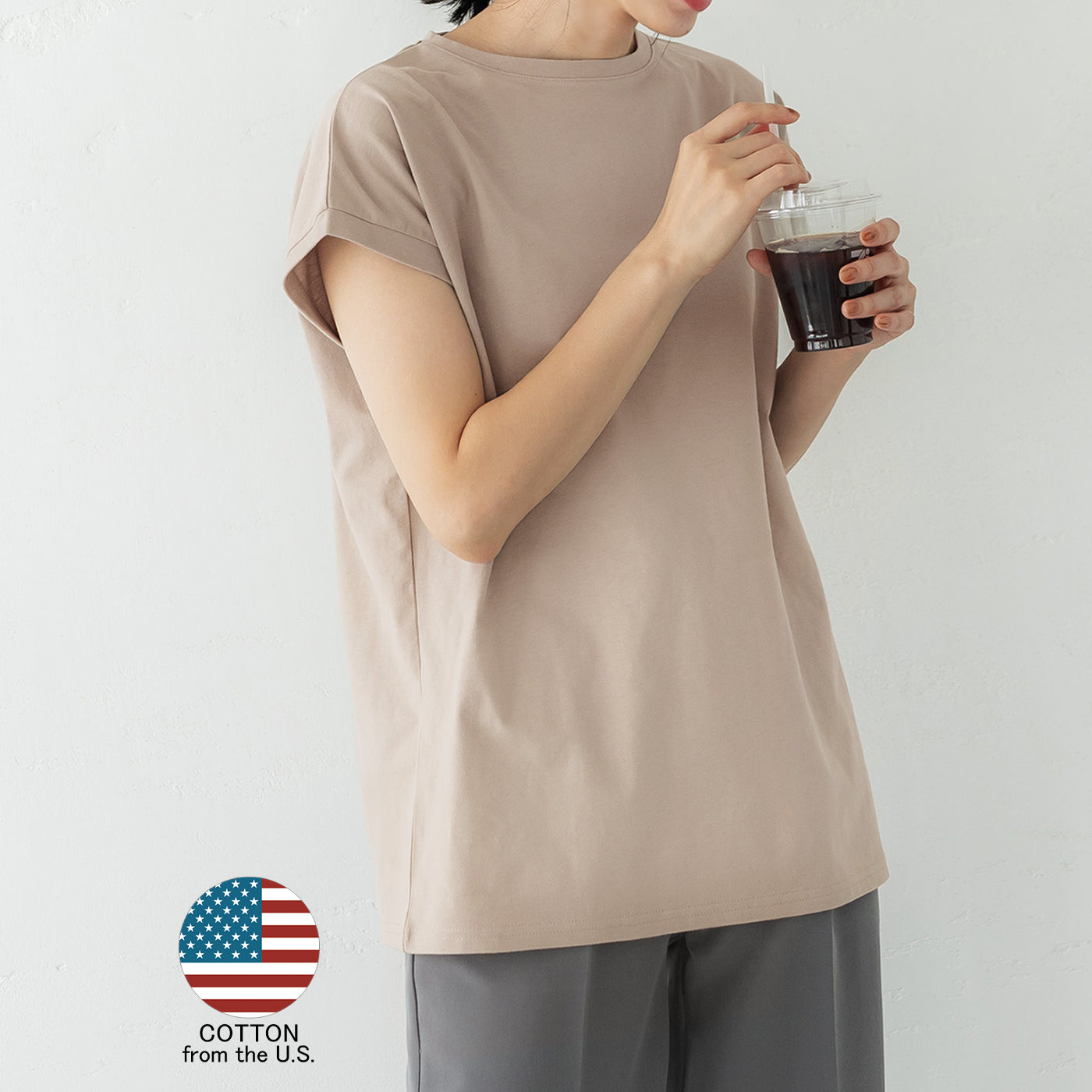 コカ coca COTTON from the U.S.フレンチスリーブUネックTシャツ,Beige