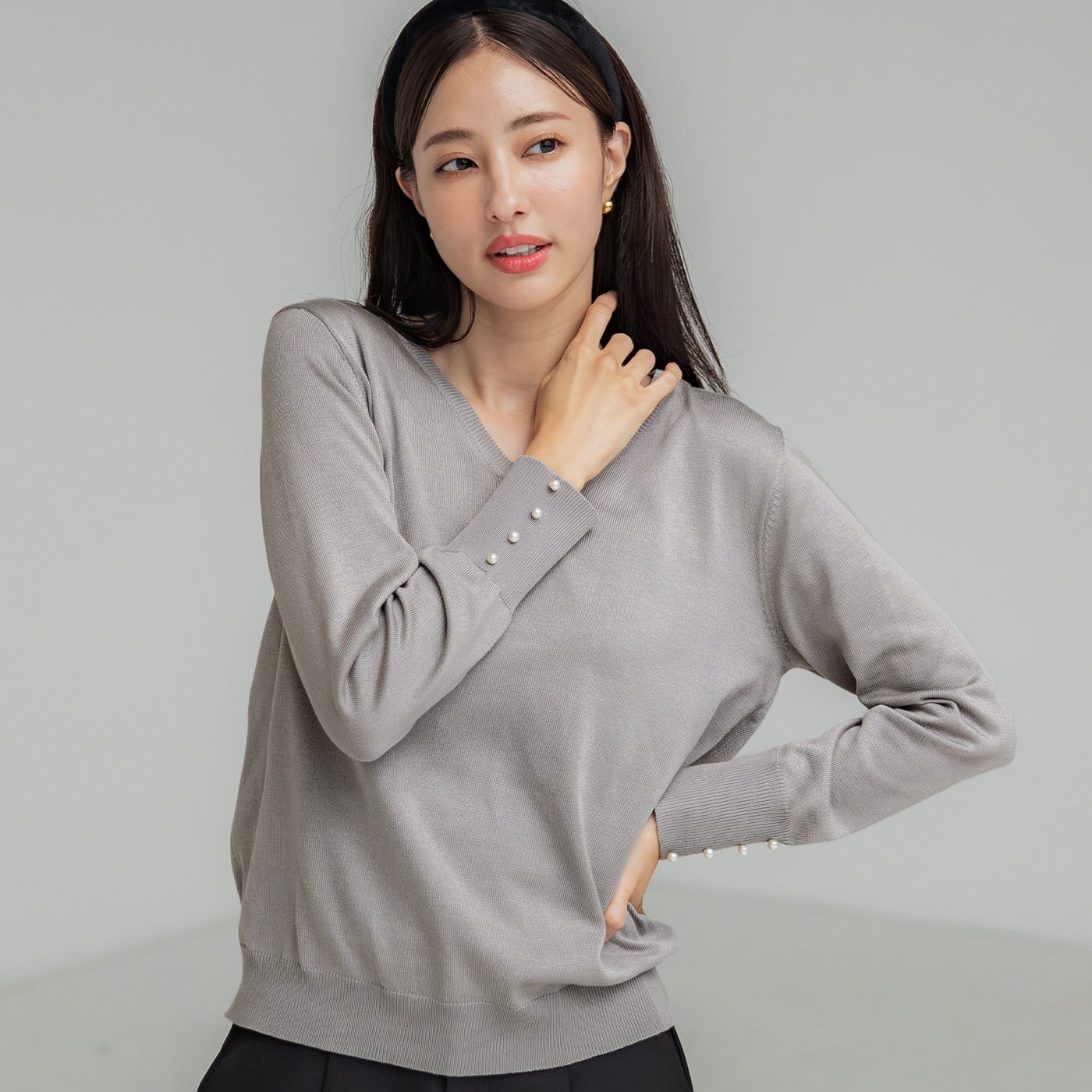 コカ coca 袖パールVネックニット,Gray