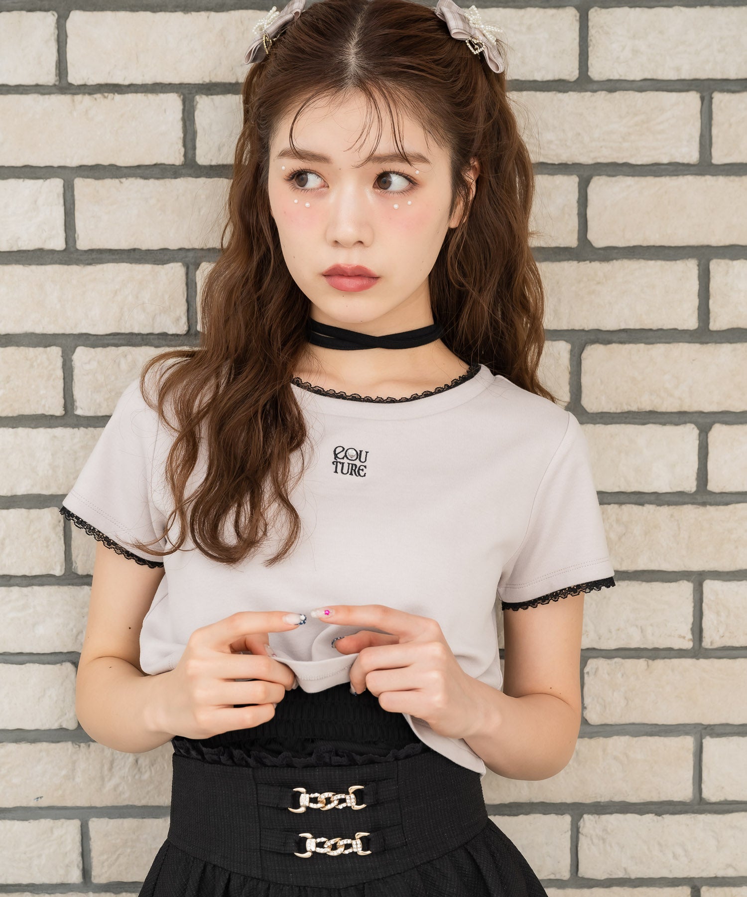 クチュールバイロジータ couture BY ROJITA リボンチョーカー刺繍Tシャツ （ピンク） ピンク