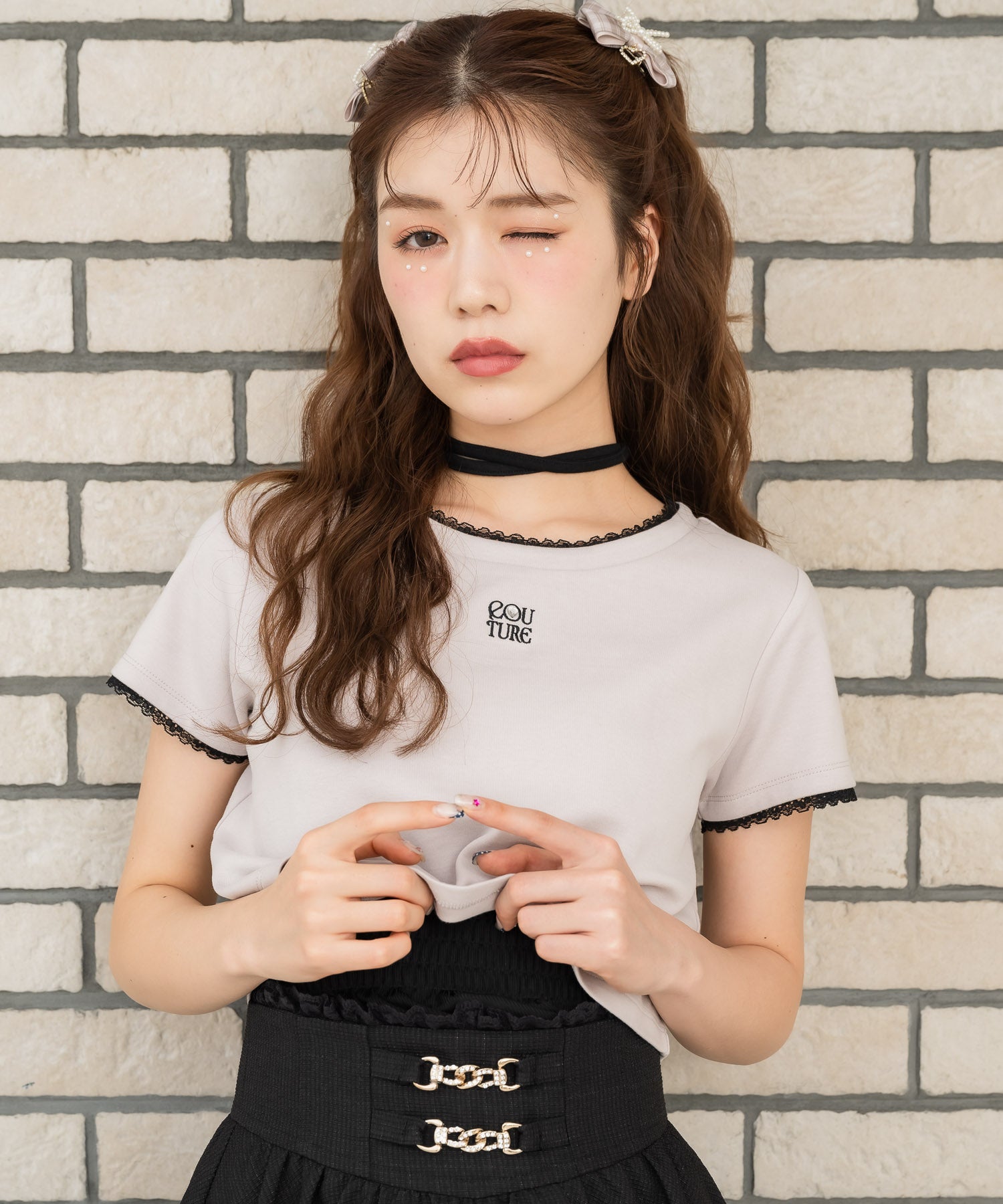 クチュールバイロジータ couture BY ROJITA リボンチョーカー刺繍Tシャツ （ピンク） ピンク