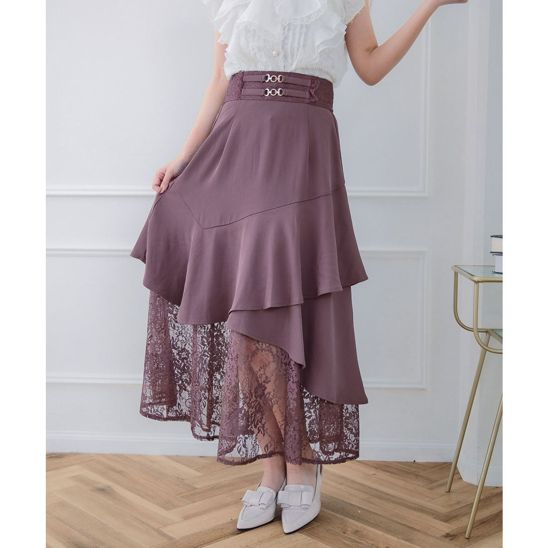 クチュールバイロジータ couture BY ROJITA チェーンバックルレースレイヤードロングスカート （ピンクブラウン） ピンクブラウン