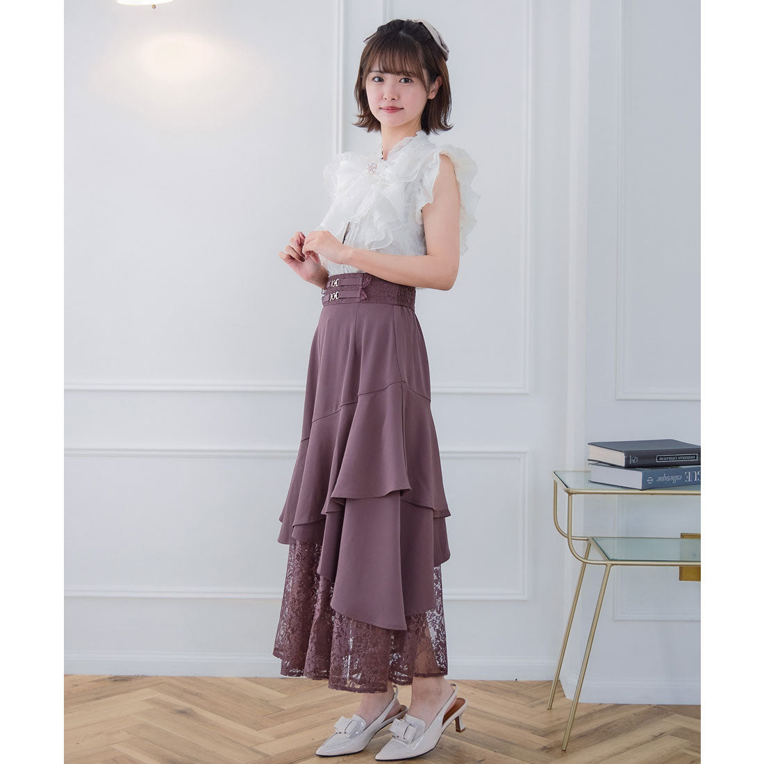 クチュールバイロジータ couture BY ROJITA チェーンバックルレースレイヤードロングスカート （ピンクブラウン） ピンクブラウン