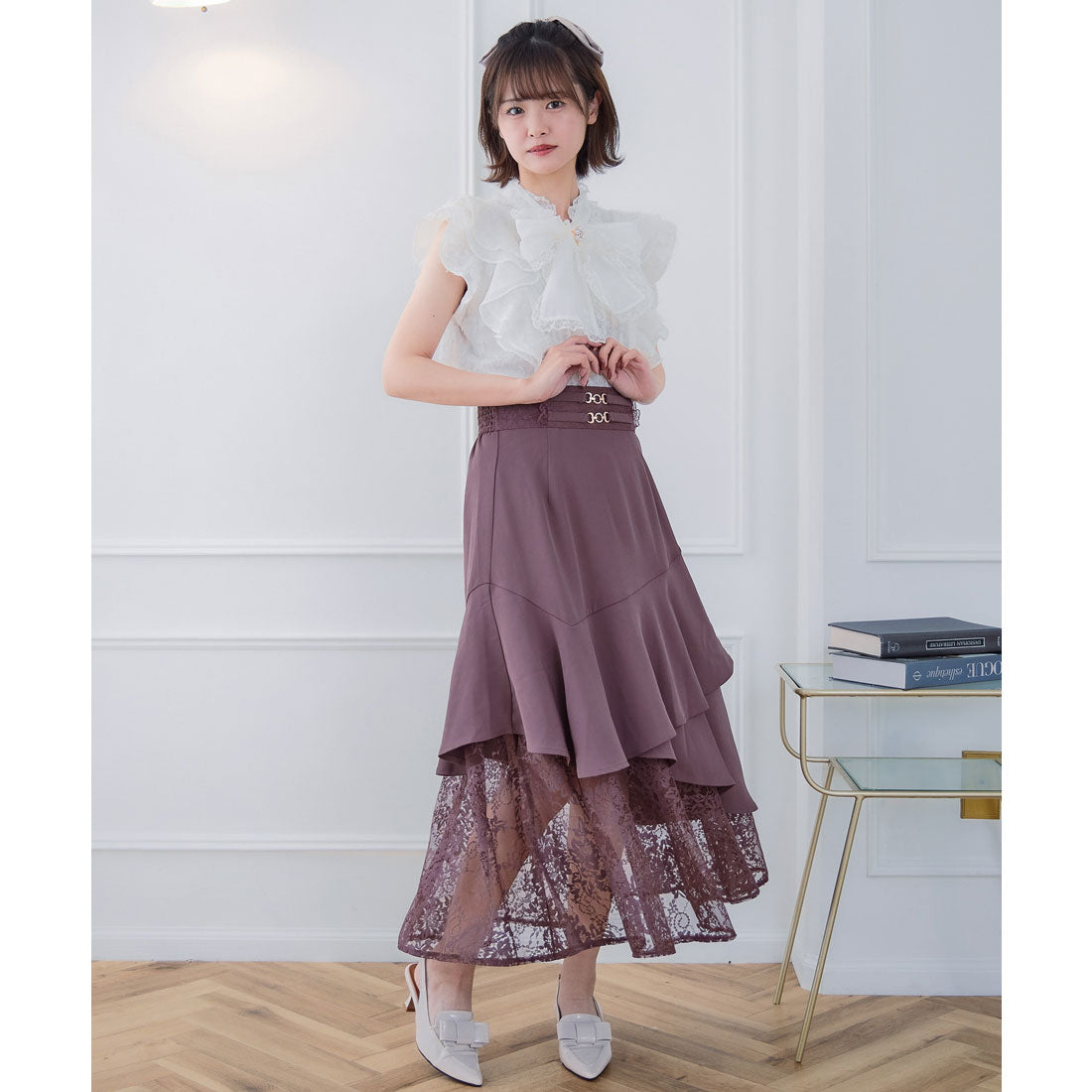クチュールバイロジータ couture BY ROJITA チェーンバックルレースレイヤードロングスカート （ピンクブラウン） ピンクブラウン