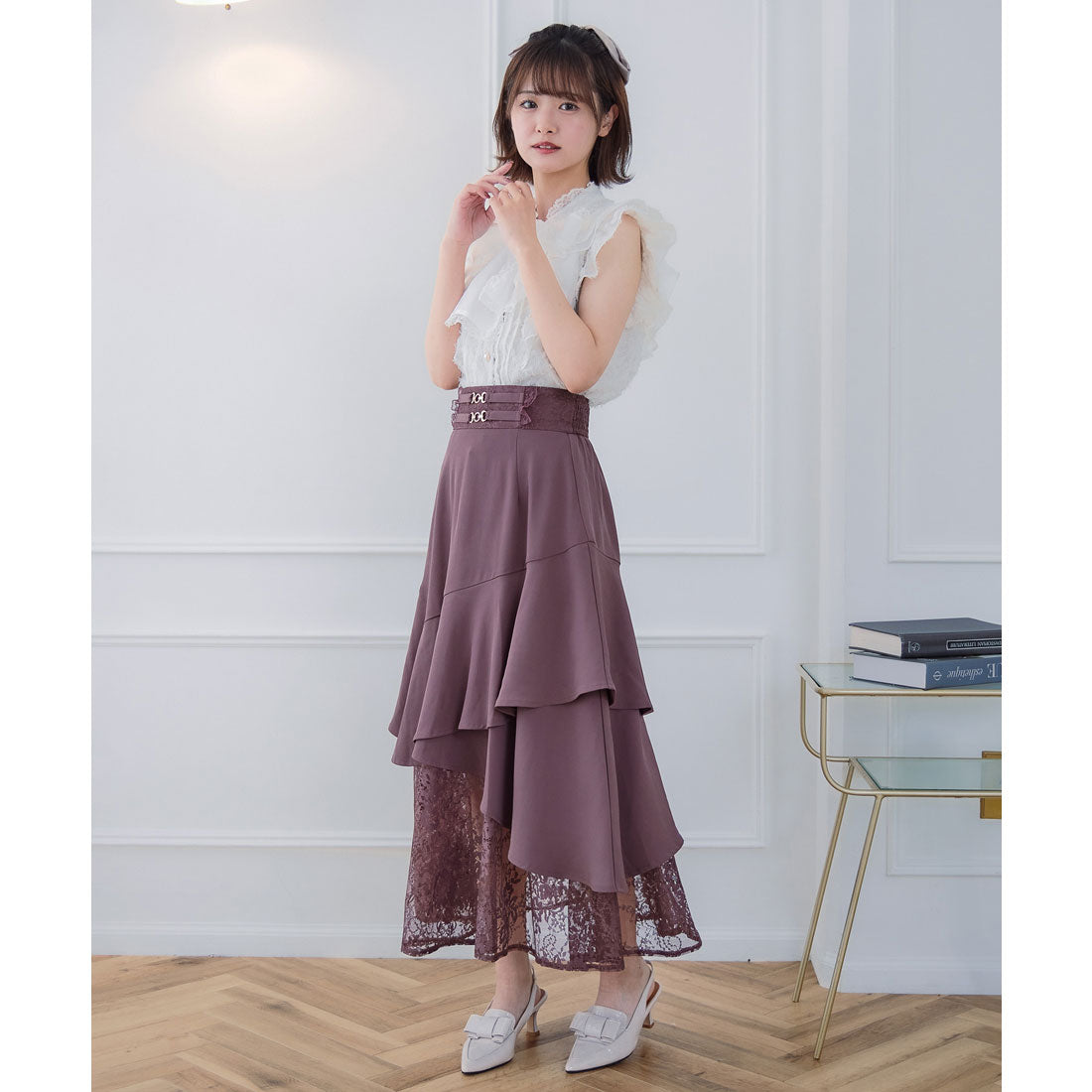 クチュールバイロジータ couture BY ROJITA チェーンバックルレースレイヤードロングスカート （ピンクブラウン） ピンクブラウン