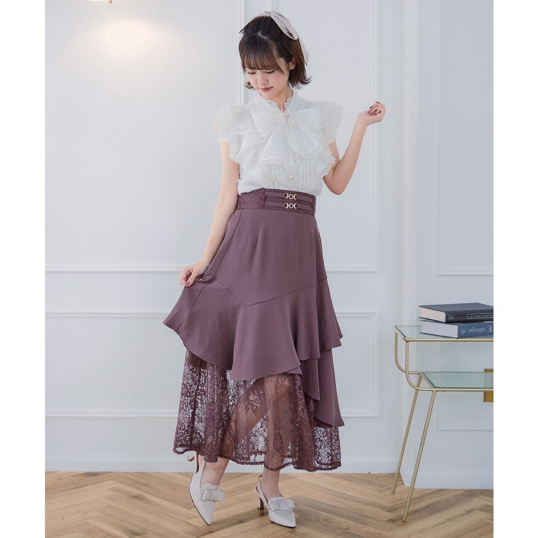 クチュールバイロジータ couture BY ROJITA チェーンバックルレースレイヤードロングスカート （ピンクブラウン） ピンクブラウン