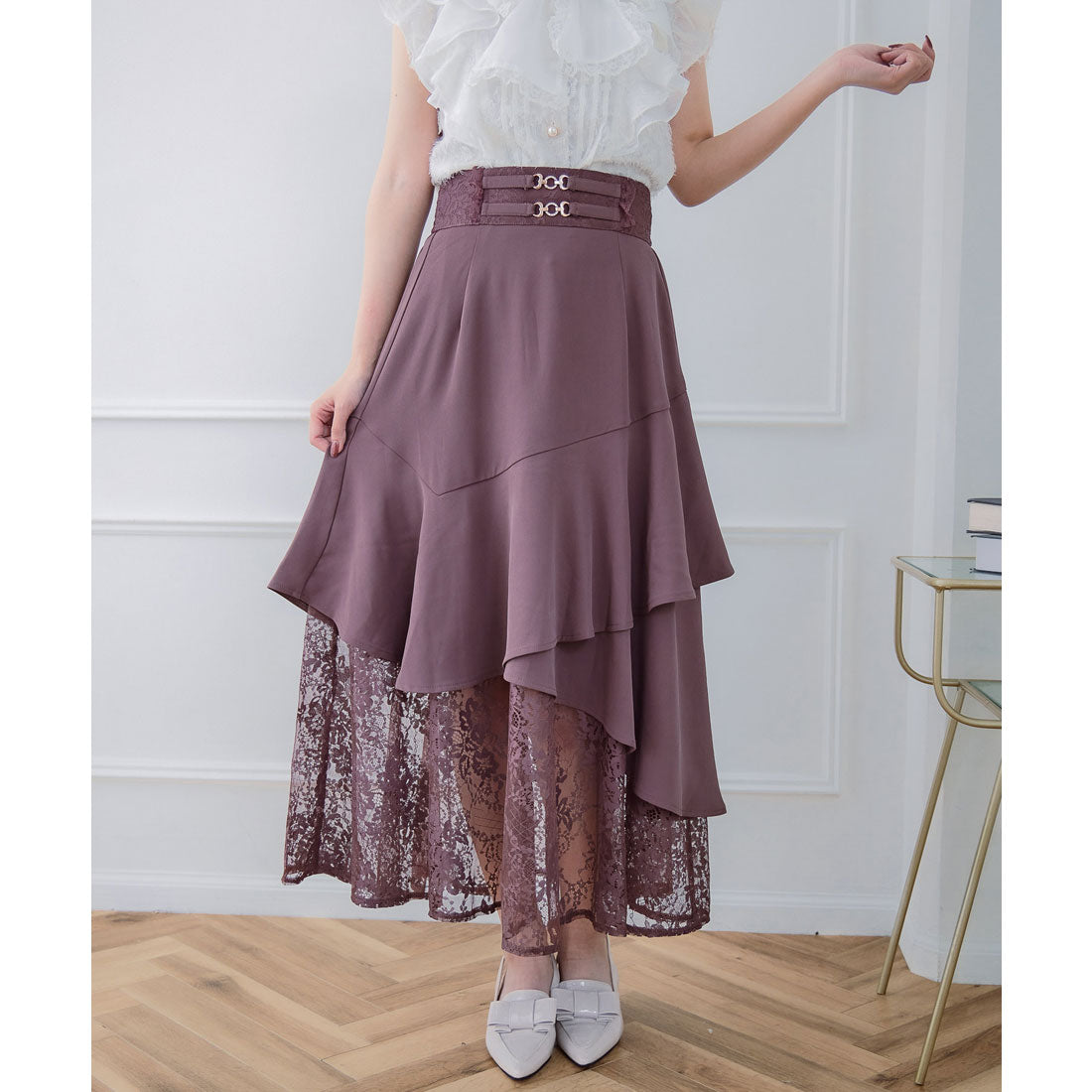 クチュールバイロジータ couture BY ROJITA チェーンバックルレースレイヤードロングスカート （ピンクブラウン） ピンクブラウン
