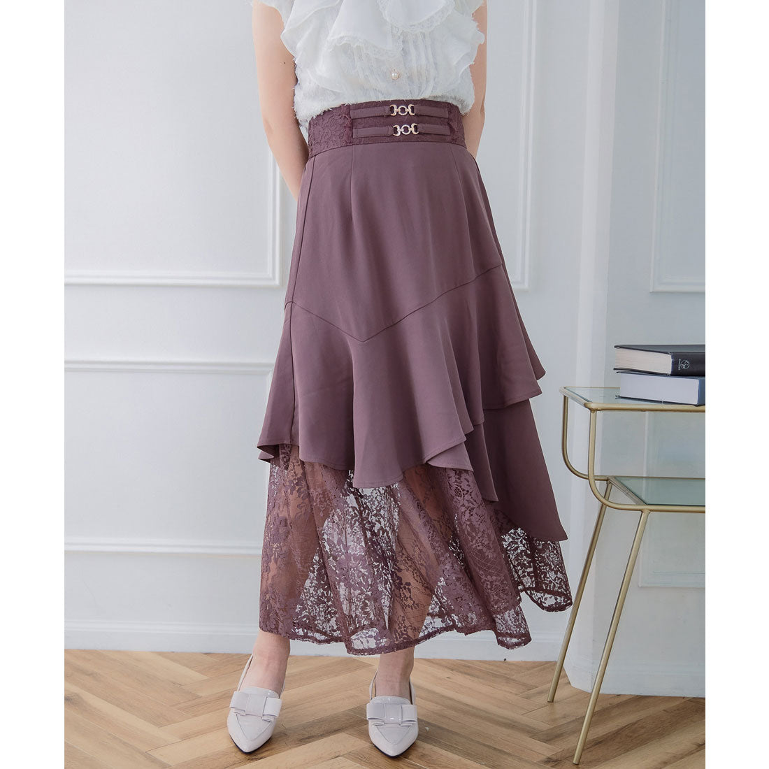 クチュールバイロジータ couture BY ROJITA チェーンバックルレースレイヤードロングスカート （ピンクブラウン） ピンクブラウン