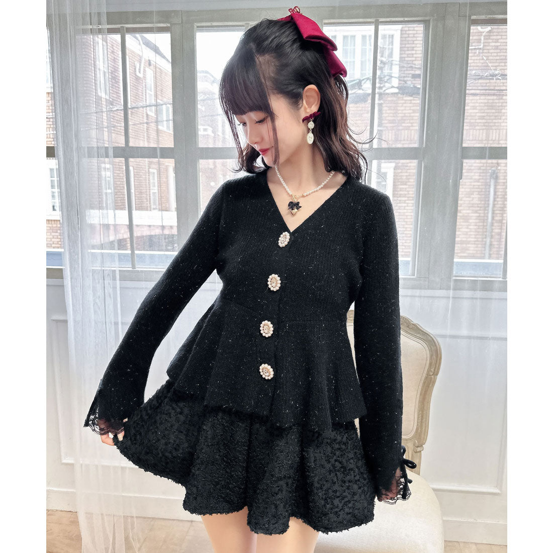 クチュールバイロジータ couture BY ROJITA ペプラムラメニットカーディガン （ブラック） ブラック